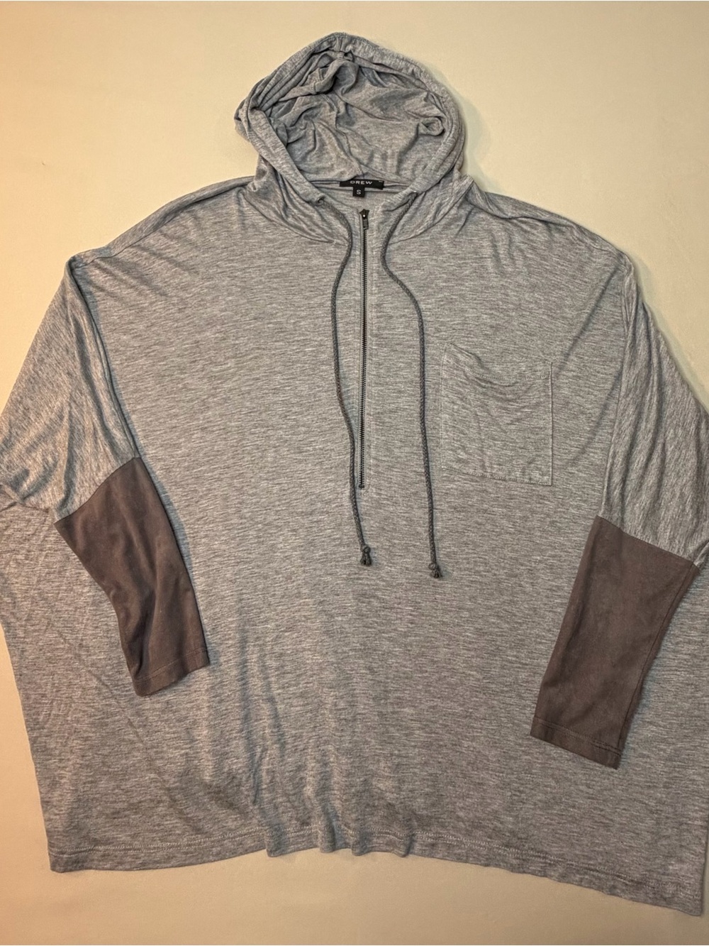 DREW Gray Hooded Half-Zip Shirt with Dark Elbow Panels